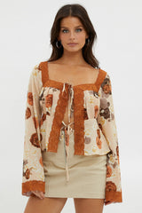 Moxie Tie Front Lace Trim Top Brown