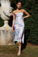 Well Versed Pleated Bust Front Split Dress Watercolor Print Purple/Yellow