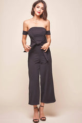 Joan Off Shoulder Waist Tie Wide Leg Jumpsuit Black
