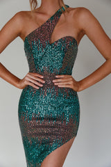 Shooting Stars One-Shoulder Sequin Dress Green