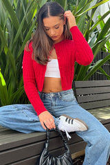 Red Knit Cardigan Long Sleeve Crew Neck
