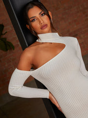Cut-Out Long Sleeve Knitted Rib Dress in White