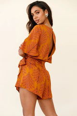 Nadi V-Neckline Wrap Romper Leaf Print Mustard