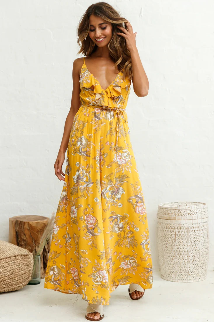 Melita Ruffle V-Neckline Jumpsuit Mustard Print