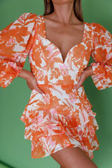 Romance Novel Long Sleeve Tied Back Floral Dress Orange