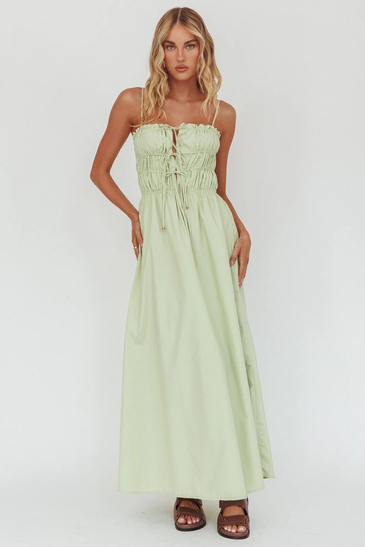 Remember When Tied Bodice Maxi Dress Sage
