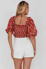 Meet Cute Shirred Bust Off-Shoulder Crop Top Floral Beige