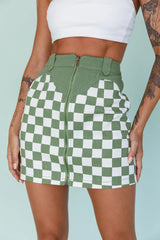 Rewind Zipper Front Mini Skirt Checkered Green