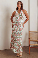 Love Bomb Pintuck Pleat Halterneck Maxi Dress Floral Pink