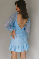 Halley Balloon Sleeve Frill Bust Flounce Hem Lace Dress Baby Blue
