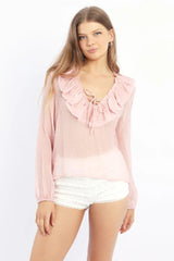 Pink Poet's Top V Neck Long Sleeve Frilled