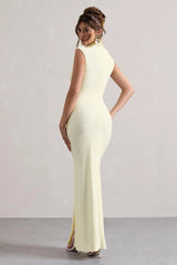 Lanetta | Cream Ruched High-Neck Maxi Dress With Split