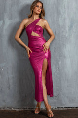 Zephir One-Shoulder Split Midi Dress Fuchsia