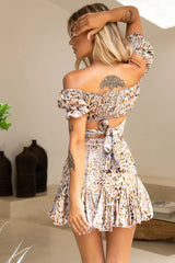 Linka Off-Shoulder Tie-Back Crop Top Leopard Print Blue/Pink