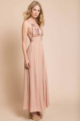 Summer Wedding Embroidered Floral Maxi Dress Mocha