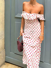 Semi-Sheer Polka Dot Ruffle Hem Off-Shoulder Long Dress