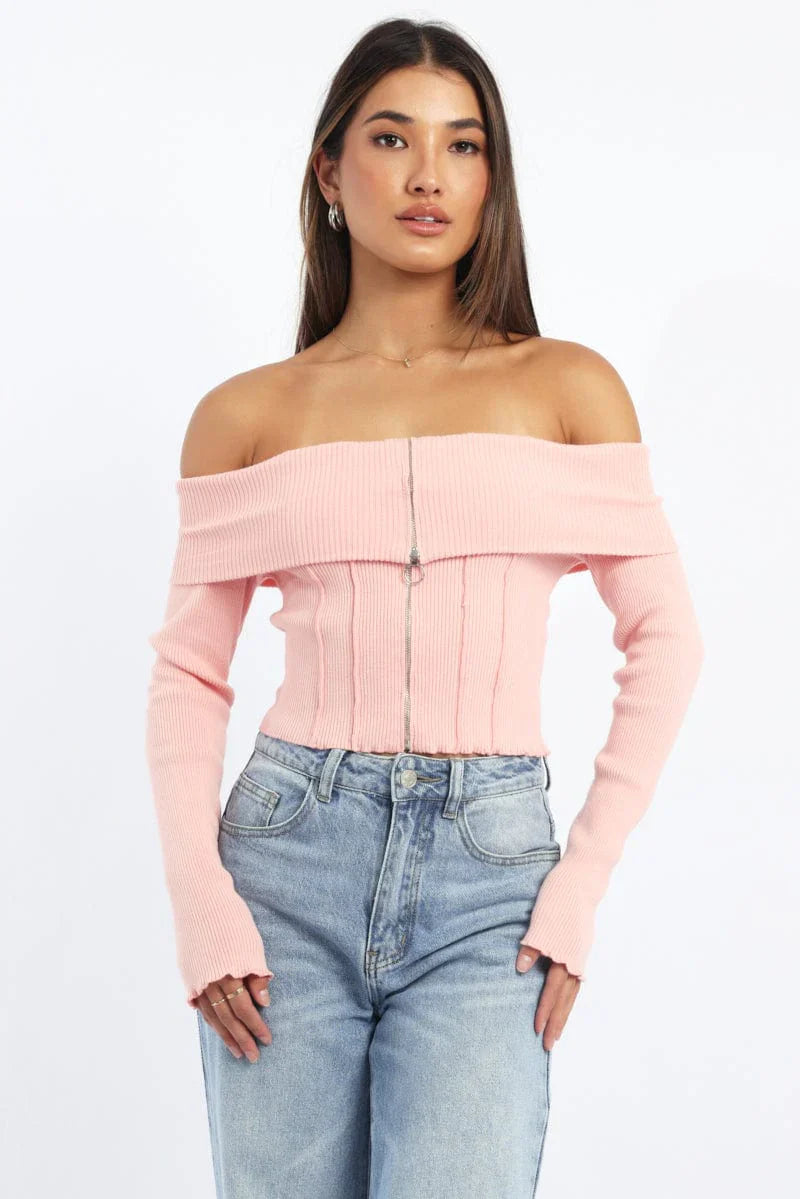 Pink Knit Top Long Sleeve Off Shoulder Zip Front