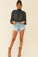 Sparrow High Neck Shirred Blouse Spot Print Black