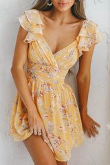 Lola Ruffle Shoulder Ruched Dress Floral Print Yellow