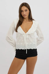 White Eyelet Top Tie Front Long Sleeve Collared