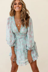Laney Cutout Back Ruffle Trim Dress Leaves Print Mint