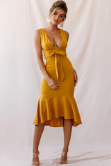 Sorry Not Sorry Wide Strap Flounce Dress Mustard