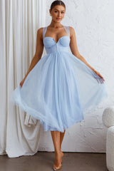 Surreal Lace-Up Back Tulle Midi Dress Blue