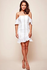 Natalia Off Shoulder Ruffle Trim Dress White
