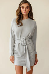 Lorelei Long Sleeve Wide Belt Knit Dress Grey
