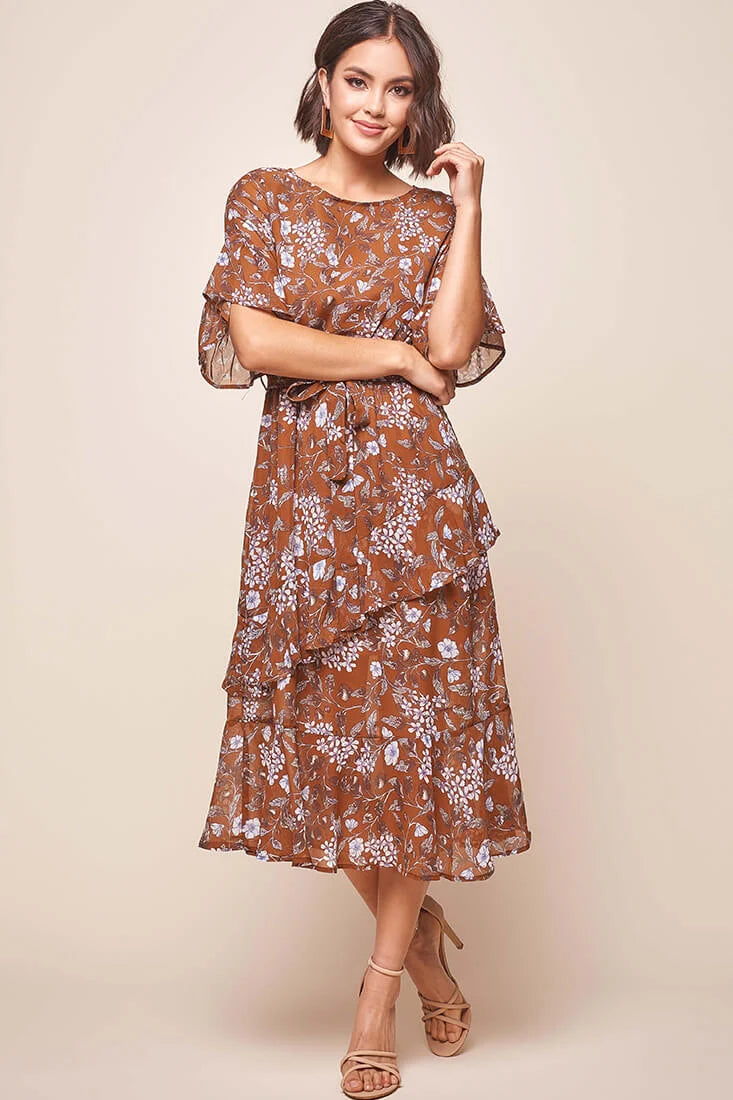 Jackson Waist Tie Ruffle Dress Rust Print