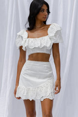 New Moon Scalloped Ruffle Trim Eyelet Skirt White