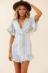 Ochre Open Back Bow Detail Dress Stripe Pattern White/Navy