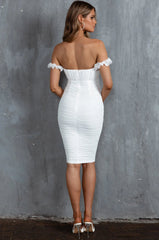 Senorita Off-Shoulder Lettuce Edge Ruched Knee Length Dress White