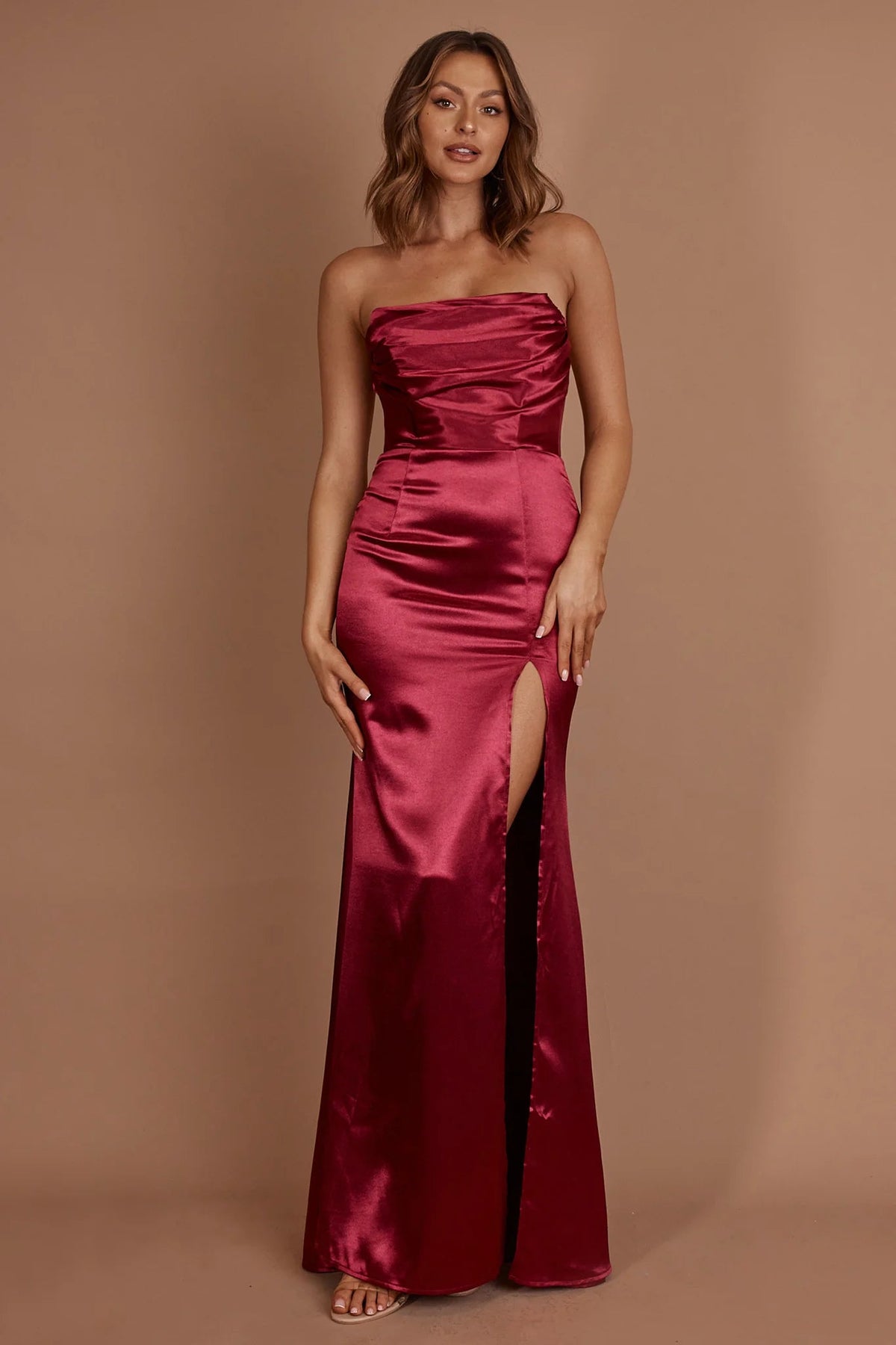 Kalisa Strapless Thigh Split Maxi Dress Burgundy