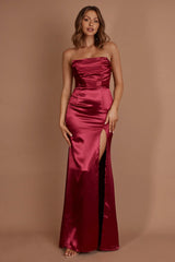 Kalisa Strapless Thigh Split Maxi Dress Burgundy