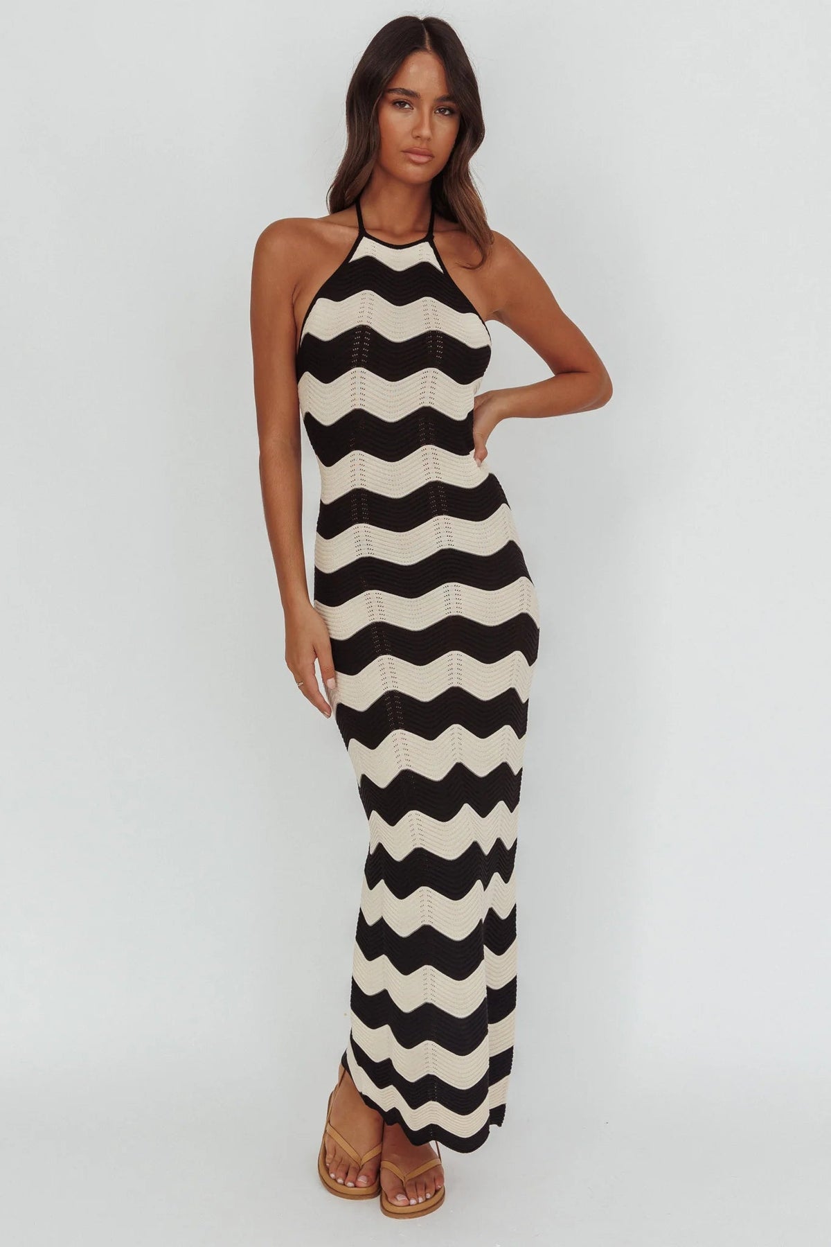 Yelena Halter Neck Knit  Maxi Dress Zig-Zag Cream