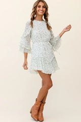 Yours Sincerely Three-Quarter Sleeve Accordion Pleat Dress Speckle Print White
