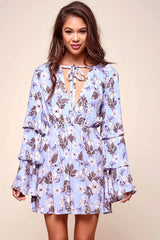 Marisol Deep V Tiered Bell Sleeve Dress Blue