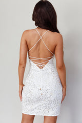 Playing To Win Cut-Out Bust Asymmetrical Hem Sequin Mini Dress White