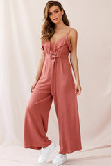 Mason Ruffle Neckline Wooden Buckle Belt Jumpsuit Rose