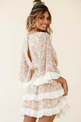 Tulsa 3/4 Sleeve Waist Tie Frill Dress Floral Print Nude