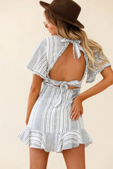 Ochre Open Back Bow Detail Dress Stripe Pattern White/Navy