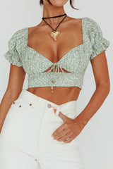 Sweet Romance Sweetheart Neckline Crop Top Floral Sage