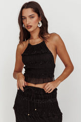 Helios Halterneck Shirred Sequin Top Black