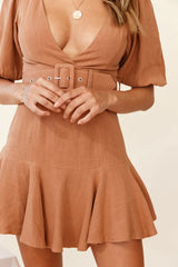 Jardin Half Balloon Sleeve Belted Dress Tan