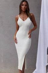 Sweepstakes Ribbed Knit Side Split Midi Dress White