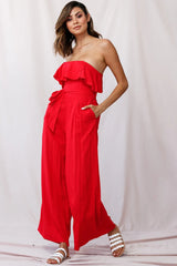 Hamilton Bandeau Ruffle Wide Leg Jumpsuit Red
