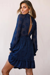 Tracee High Neckline Sheer Sleeve Polka Dot Dress Navy