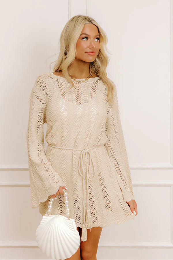 Oceanside Dreaming Pointelle Knit Mini Dress in Oatmeal