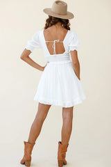 Summer In Paris Puff Sleeve Open Back Dress White